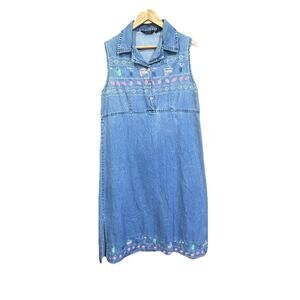 Vtg AGAPO Denim Jumper Maxi Dress Womens 1X Blue Denim Embroidered Fruit Basket